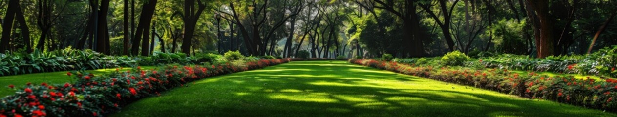 Obraz premium Lush green park with vibrant flowers and shaded walking paths