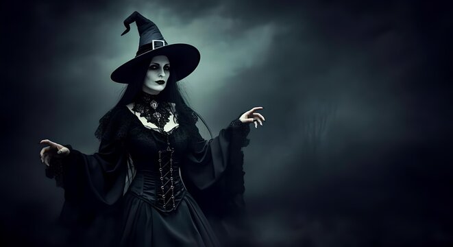 Scary witch dressed in black over a grey background, scary halloween party invitation card with empty space for text