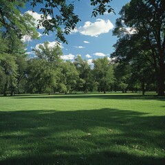 Obraz premium Lush green lawn in a vibrant park under a clear blue sky