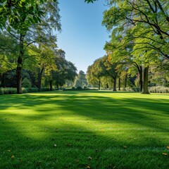 Lush green park with manicured lawn and trees on a sunny day