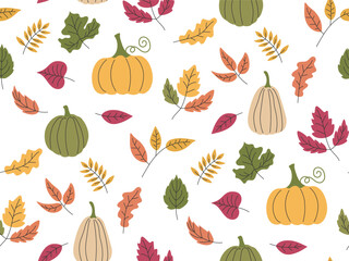 Cozy autumn seamless pattern. Falling leaves and pumpkins autumnal doodle illustration. Thanksgiving day harvest festival background. Cover, banner, wallpaper, fabric print template