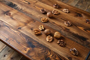 Polished wooden table with a smooth finish and a few scattered walnuts, top view