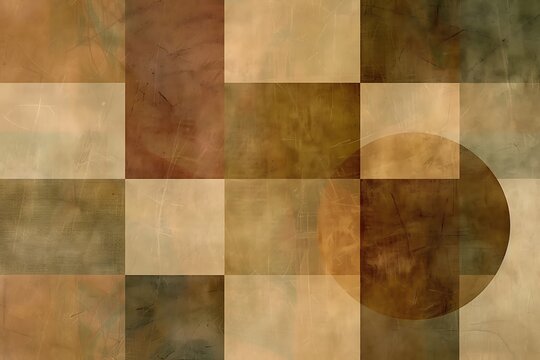 An abstract design of intersecting squares and circles in muted earth tones, creating a balanced, harmonious composition. The simplicity evokes a sense of order and calm.