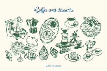 Minimalist hand drawn food and beverages vector illustration collection. Art for greeting cards, wedding invitations, poster design, postcards, branding, logo design, background.	