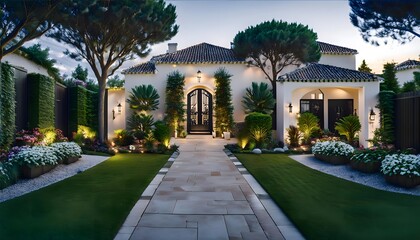 Obraz premium Exterior of the entrance of a luxury house with a garden