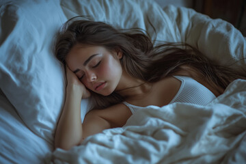 Serene young woman peacefully sleeping in bed with flowing brown hair, wrapped in soft white linens, capturing the tranquility and calmness of a restful night