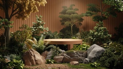 Obraz premium A wooden podium surrounded by green plants 