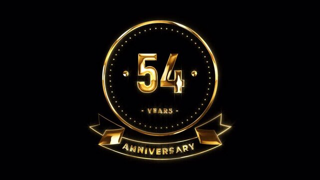54th Anniversary Celebration. Happy 54 Years Anniversary Animation in Gold Color on the Transparent Background, Alpha Channel. Great for greetings, celebrations, events, and gifts.