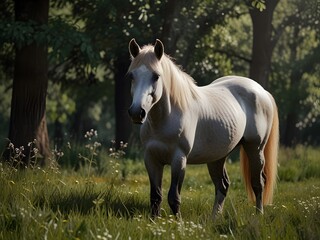 Naklejka premium Brown horse Welsh pony standing in high grass by sunset