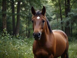 Obraz premium Brown horse Welsh pony standing in high grass by sunset