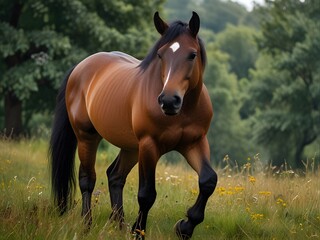 Obraz premium Brown horse Welsh pony standing in high grass by sunset