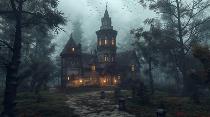 Photorealistic haunted house with towers and surrounded by foggy forest, Halloween