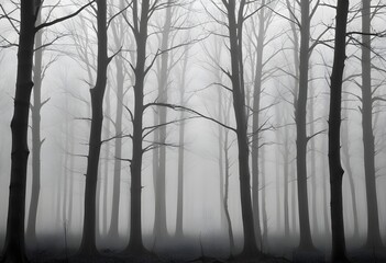 Bare trees in a foggy forest , with the trunks and branches visible against the mist