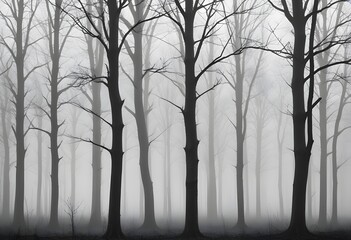 Obraz premium Bare trees in a foggy forest , with the trunks and branches visible against the mist