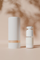 A bottle with box, both placed on a beige background mockup 3d render