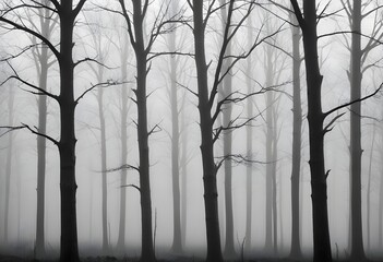 Obraz premium Bare trees in a foggy forest , with the trunks and branches visible against the mist