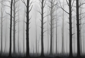 Obraz premium Bare trees in a foggy forest , with the trunks and branches visible against the mist