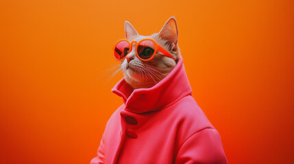 Fototapeta premium Cool cat wearing sunglasses and an orange jacket, stylish feline fashion portrait 