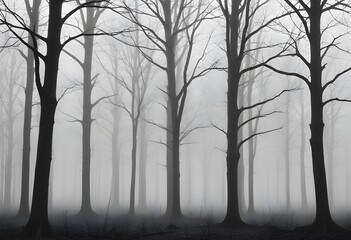 Obraz premium Bare trees in a foggy forest , with the trunks and branches visible against the mist