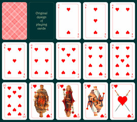 Original design of playing cards. All cards are hearts. Standard poker deck from two to ace. All cards are hearts
