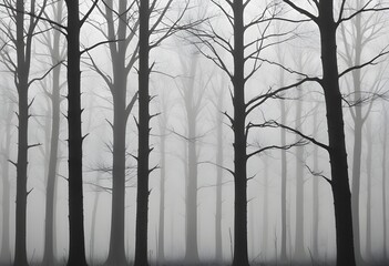 Obraz premium Bare trees in a foggy forest , with the trunks and branches visible against the mist