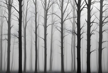 Obraz premium Bare trees in a foggy forest , with the trunks and branches visible against the mist