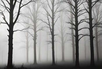 Bare trees in a foggy forest , with the trunks and branches visible against the mist