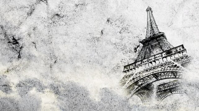 Eiffel Tower in Paris smoothly appears on old, grunge paper with time lapse of sky with clouds. Creative, combined 3D 4K parallax video of high quality. Template for a postcard or historical video.