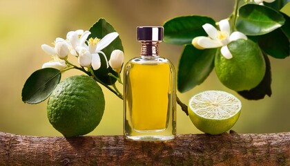 Close up view of a tree branch with Lime, several white flowers and a perfume glass bottle containing yellow liquid of Lime (Citrus aurantiifolia) extract. Empty label for branding mockup