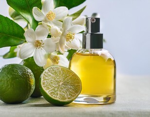 Close up view of a tree branch with Lime, several white flowers and a perfume glass bottle containing yellow liquid of Lime (Citrus aurantiifolia) extract. Empty label for branding mockup