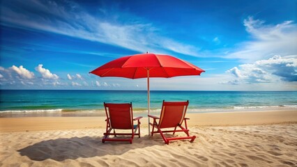 Fototapeta premium Red umbrella and two beach chairs on sandy beach, Red, umbrella, beach, chairs, sand, relaxation, vacation, summer, shore, coastline