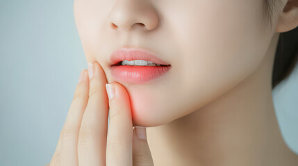 Obraz premium Close-up of a person touching their jaw, possibly indicating tooth or jaw pain. The background is plain, focusing attention on the distress.