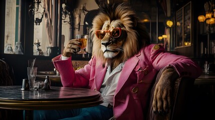 Obraz premium A lion wearing sunglasses and an elegant pink suit is sitting in the bar of his mansion, drinking from a fancy glass with red liquid inside. He has large expressive eyes and long hair.