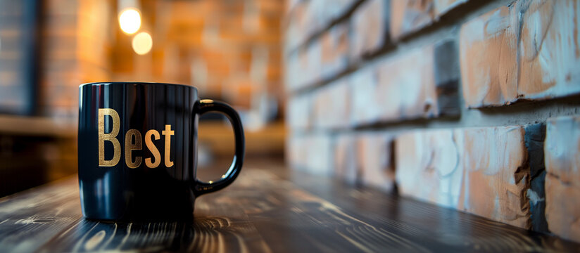 Photorealistic large black coffee mug labeled "best boss" on brick wall background with copy space for text or design, Boss's Day - Powered by Adobe