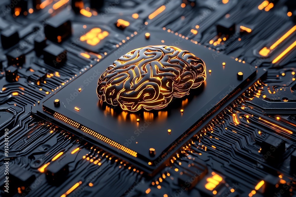 Poster striking digital brain with intricate technical background showcasing advancements