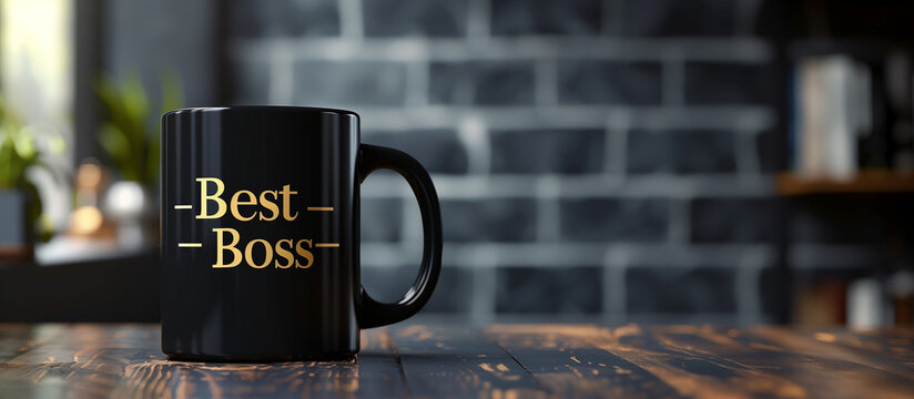 Photorealistic large black coffee mug labeled "best boss" on brick wall background with copy space for text or design, Boss's Day