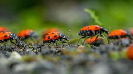 Obraz premium Many Ladybugs Crawling on a Surface in a Sunlit Environment