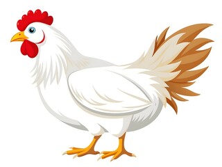 Fototapeta premium A cartoon-style illustration of a white chicken with a red comb and brown tail feathers, standing upright.