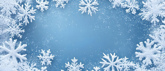 Snowflake border, Christmas background with white snowflakes frame on a blue background with copy space design