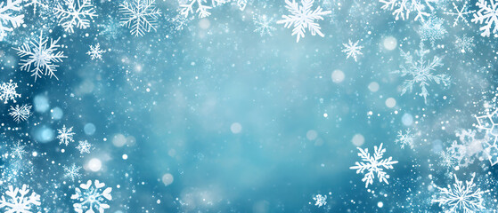 Snowflake border, Christmas background with white snowflakes frame on a blue background with copy space design