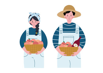 桃が入ったバスケットを抱えた男女のイラスト