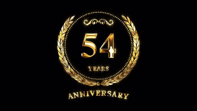 54th Anniversary Celebration. Happy 54 Years Anniversary Animation in Gold Color on the Transparent Background, Alpha Channel. Great for greetings, celebrations, events, and gifts.