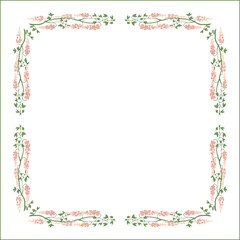 Obraz premium Elegant green vegetal ornamental frame with pink glycine flowers, decorative border, corners for greeting cards, banners, business cards, invitations, menus. Isolated vector illustration. 