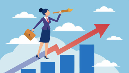  Woman leader with lady power business vision, woman visionary to see business opportunity concept, success businesswoman standing on top of rising arrow with telescope 