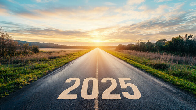 Road to 2025 with numbers on asphalt, future concept landscape, blue sky with clouds, journey and progress
