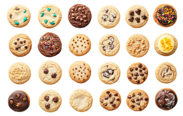 Obraz premium Assorted cookies showcasing various flavors, toppings, and shapes arranged in a grid pattern, cut out - stock png.