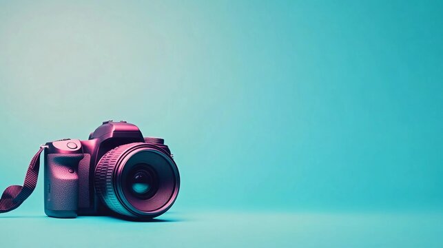 Photo camera on a minimalist blue background with copy space, world photography day