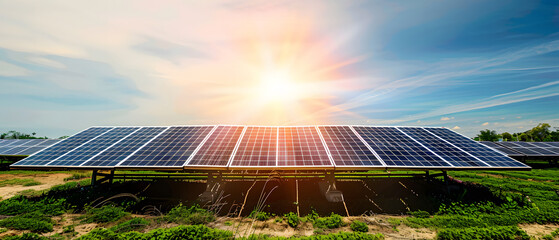 the innovation in solar power technology, featuring vast solar panel fields with sunlight being converted into energy, set against a backdrop of a clear blue sky design