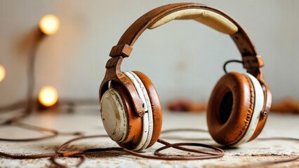 Vintage Headphones with Bokeh Lights.