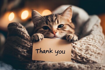 Adorable Kitten Holding "Thank You" Sign Wrapped in Cozy Blanket with Warm Lighting